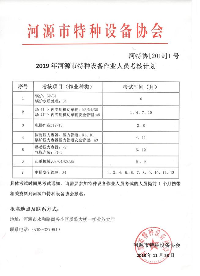 2019年河源市特種設備作業人員考核計劃